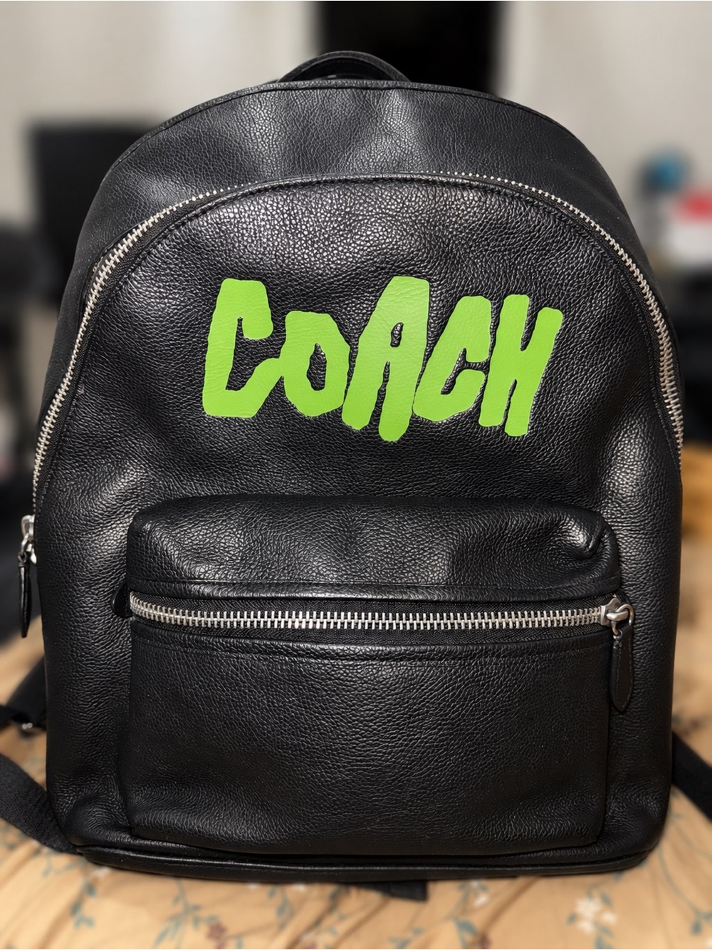 Coach Black Leather Backpack with Lime Green Logo